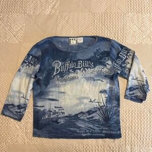 Y2K Blue & white Buffalo Bill's Wild West long sleeve embroidered graphic shirt